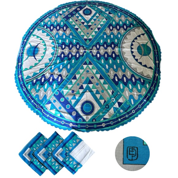 Vintage Emilio Pucci Blue Mod Mid Century Round Tablecloth & 3 Napkins Set Rare - Picture 1 of 14